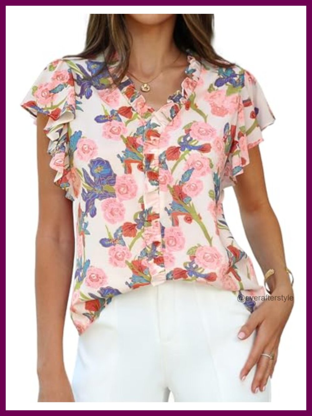 Womens Boho Ruffle Chiffon Blouse V-Neck Floral Top Dressy Casual